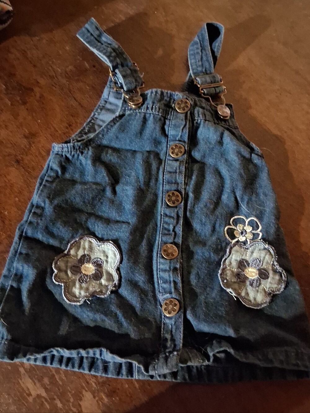 Daisy Fuentes Dark Blue Denim Pinafore Dress with Floral Appliqués